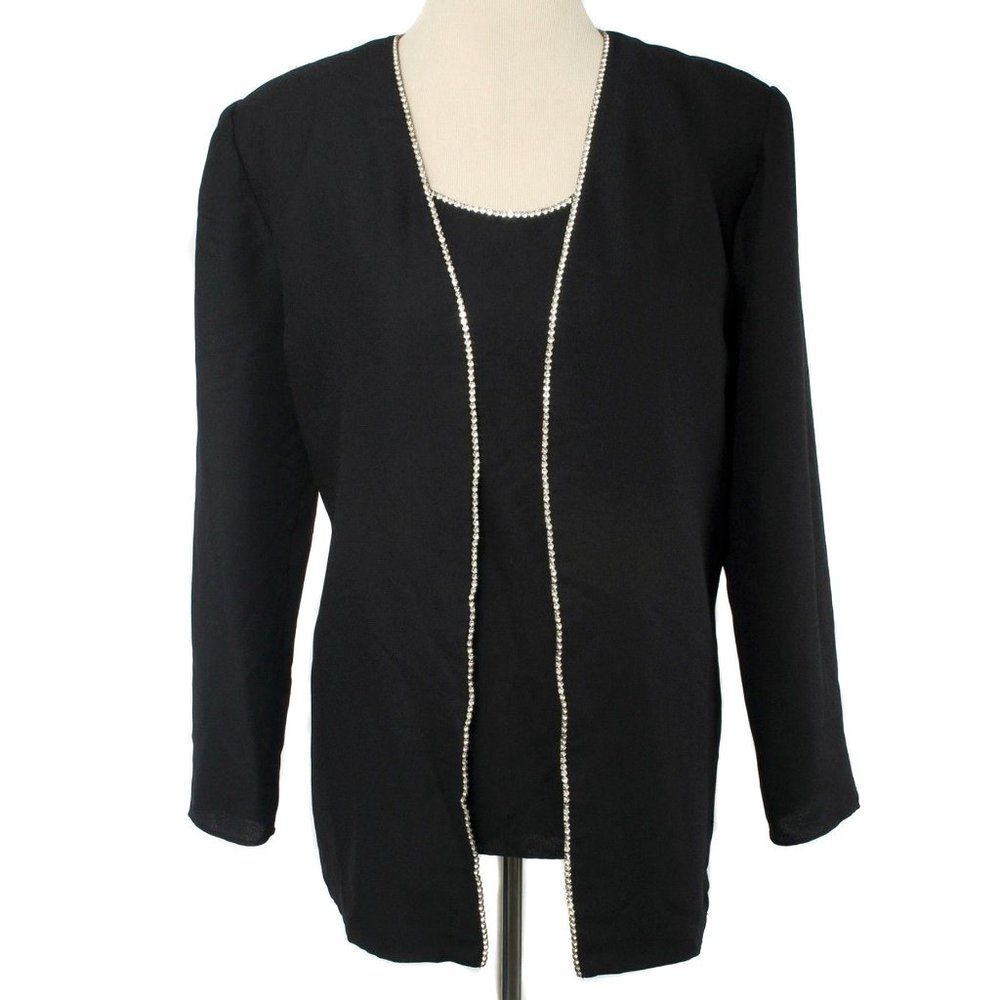 R&M RICHARDS Black Rhinestone Trim Attached Jacket Evening Blouse Size 14P